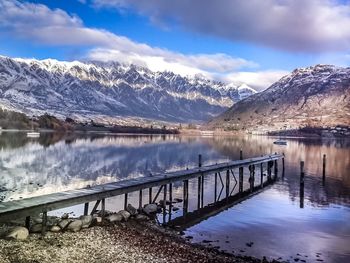 Scenic view of lake and mountains against sky