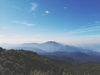 Scenic view of mountains against blue sky