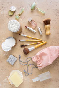 High angle view of child on table