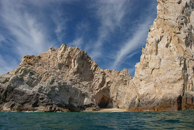 Rock formations in sea against sky