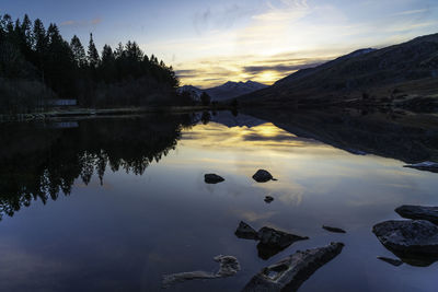 Scenic view of lake against sky during sunset