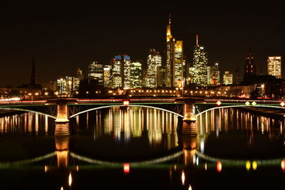 Bridge over river in city at night