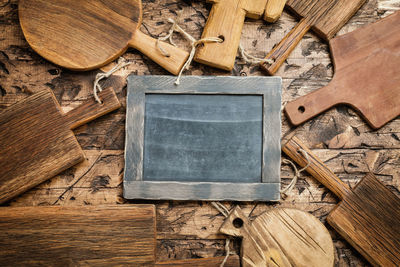 High angle view of old wooden table