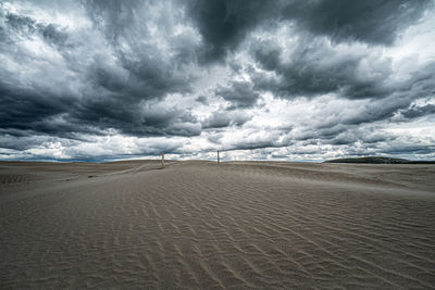 Scenic view of beach against cloudy sky