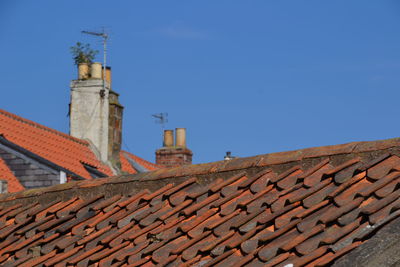 Low angle view of roof tiles against clear sky