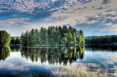 Reflection of trees in lake against sky