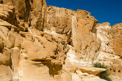 Rock formations by mountain against sky