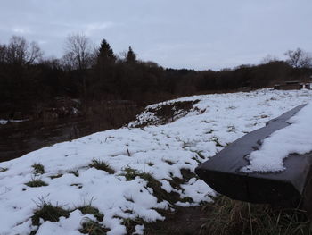 Scenic view of snow covered field against sky