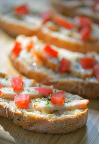 Close-up of open faced sandwich on table