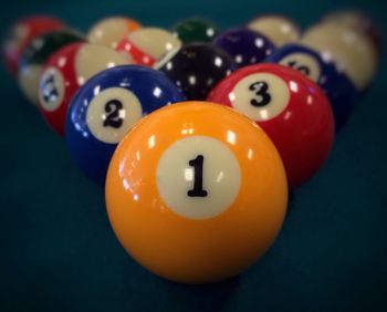 Close-up of balls arranged on pool table