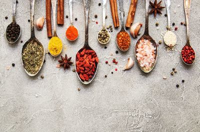 High angle view of spices in spoons on table