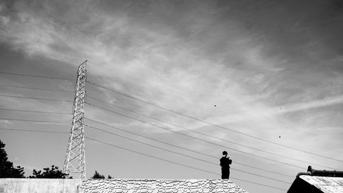 Silhouette woman standing by birds against sky