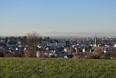 View of townscape against clear sky