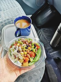 High angle view of salad in bowl on table