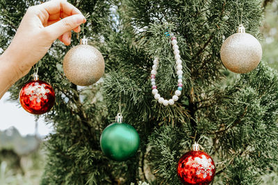 Close-up of christmas decoration hanging on tree