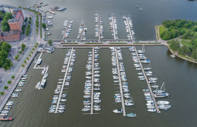 Boats and yachts parking lot in helsinki, finland. drone point of view.