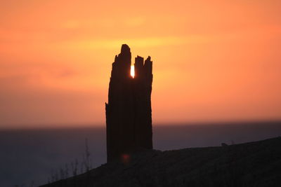 Silhouette rocks by sea against sky during sunset