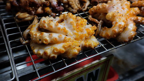 Close-up of meat on barbecue grill