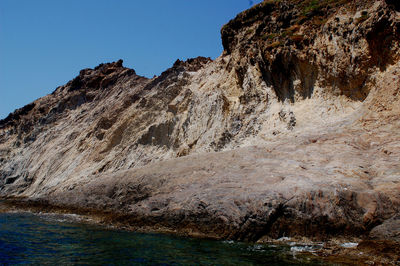 Rock formations in sea against clear sky