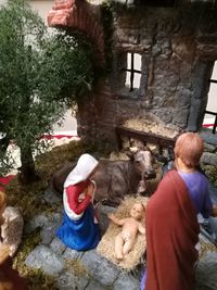 Rear view of people sitting on rock against trees