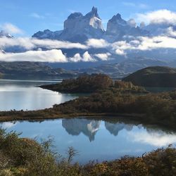 Scenic view of lake and mountains against sky