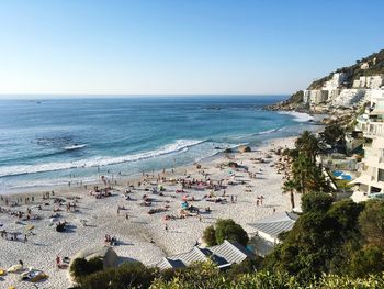 High angle view of beach against clear sky