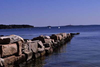 Scenic view of sea against clear blue sky