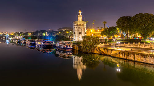 Illuminated buildings in water at night