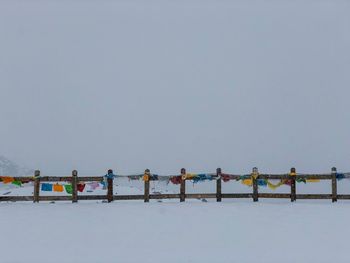 Group of people on snow covered landscape against clear sky