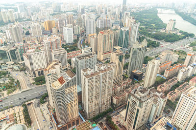 High angle view of modern buildings in city