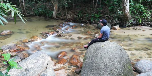 Rear view of man climbing on rock in forest