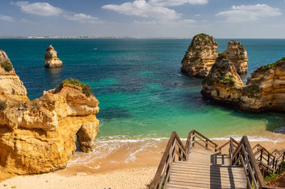 Panoramic view of rocks on beach against sky