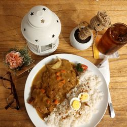 High angle view of food in plate on table