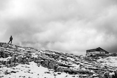 First snow on dolomites, walking on altopiano della rosetta