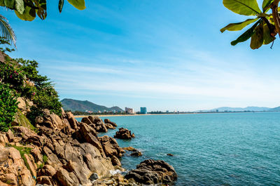 Scenic view of bay against sky