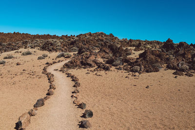 Scenic view of desert against clear blue sky