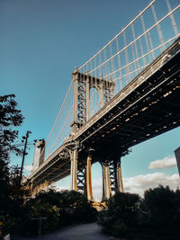 Low angle view of suspension bridge against blue sky