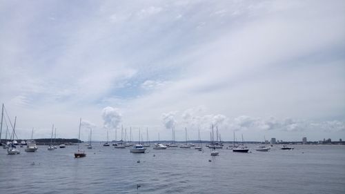 Sailboats sailing in sea against sky