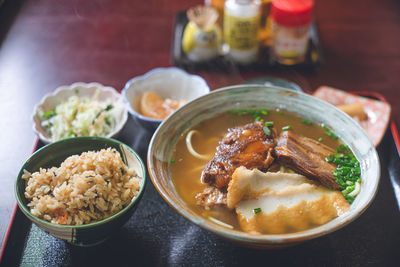 High angle view of food in bowl on table