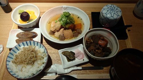 High angle view of food in plate