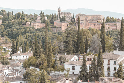 High angle view of buildings in town