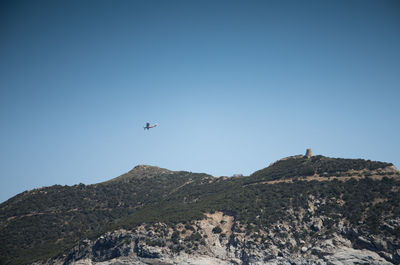 Low angle view of mountain against clear blue sky
