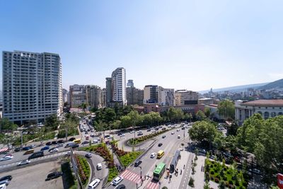 High angle view of cityscape against clear sky