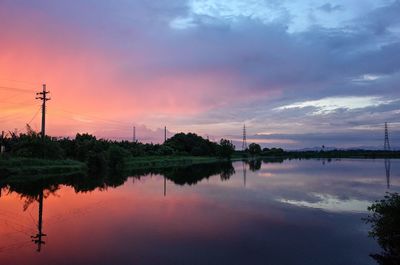 Scenic view of lake against sky at sunset