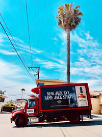 Information sign on street by palm trees against sky