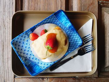 High angle view of breakfast served on table
