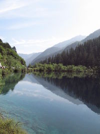 Scenic view of lake and mountains against sky