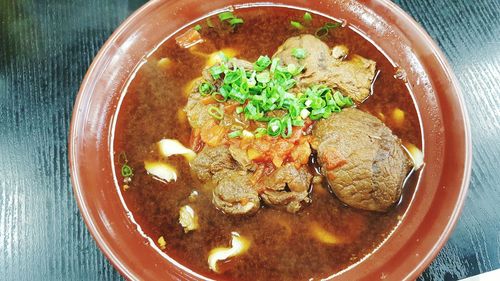 Close-up high angle view of beef noodles