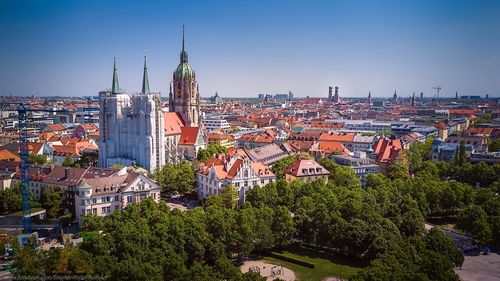 High angle view of cityscape against clear sky