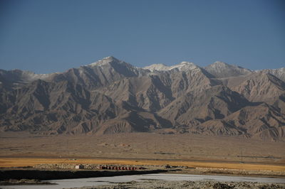 Scenic view of snowcapped mountains against clear sky